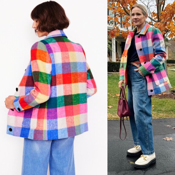 Boden Check Multicolored Wool Peacoat Jacket Size 10 - Picture 12 of 13